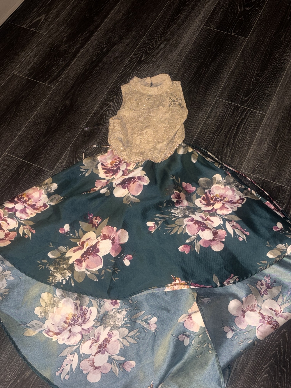 Speechless Cream Lace Bodice with Teal Floral Skirt Girls Dress